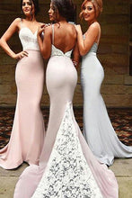 Load image into Gallery viewer, Spaghetti Straps Sweetheart Sleeveless Appliques Lace Mermaid Backless Bridesmaid Dresses RS172