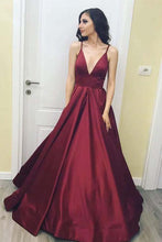 Load image into Gallery viewer, Burgundy Simple A-Line Satin V-Neck Spaghetti Straps Long Floor Length Evening Dresses RS285