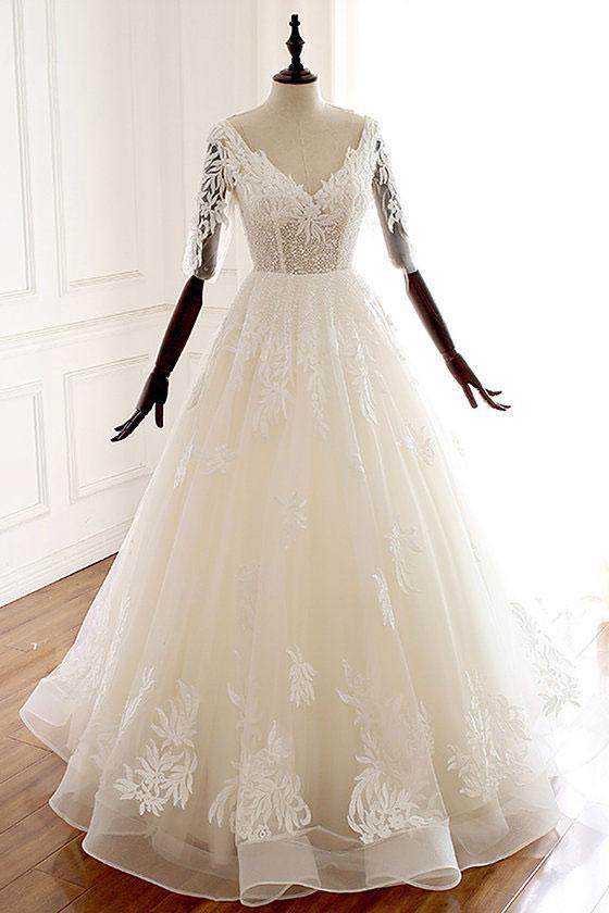A Line Ivory V Neck Tulle Lace Half Sleeve Organza Long Prom Dresses Wedding Dress RS226