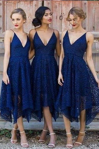 Navy Blue Deep V-neck Spaghetti Straps Sleeveless Asymmetry Lace A-line Bridesmaid Dress RS624