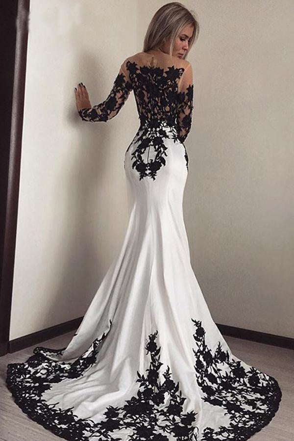 Elegant White Black Lace Appliques Mermaid Long Sleeves Satin Prom Dresses RS516