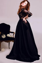 Load image into Gallery viewer, New Style Black 3/4 Sleeves Lace Satin V-Neck A-Line Floor-Length Evening Dresses RS282