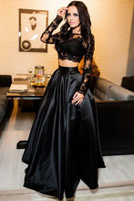 Load image into Gallery viewer, Two Piece Scoop A-Line Bateau Long Sleeves Black Floor Length Prom Dresses with Lace RS343
