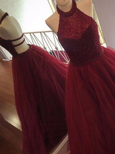 A Line Halter Tulle Burgundy Beads Sleeveless Long Party Dresses Prom Dresses RS75