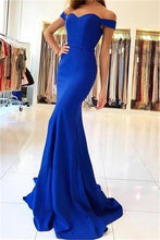 Load image into Gallery viewer, Royal Blue Long Mermaid Off the Shoulder Sweetheart Satin Pretty Prom Dresseses RS90