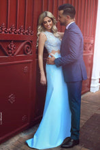 Load image into Gallery viewer, Elegant Two Piece Mermaid Blue Lace High Neck Cap Sleeve Satin Prom Dresses RS419