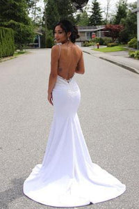 Elegant Lace Appliques V-Neck Backless White Sweetheart Spaghetti Straps Mermaid Wedding Dress RS179