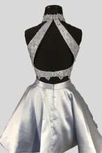 Load image into Gallery viewer, Two Piece Round Neck Short Tiered Satin Blue Open Back Homecoming Dress with Lace RS259