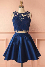 Load image into Gallery viewer, Two Piece Dark Blue Satin Cute Short A-Line Homecoming Dress with Lace Appliques RS130
