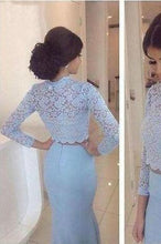 Load image into Gallery viewer, Baby Blue Lace Two Pieces Mermaid Long Sleeve Sexy Prom Dress Dresses for Prom PD190446