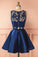 Two Piece Dark Blue Satin Cute Short A-Line Homecoming Dress with Lace Appliques RS130