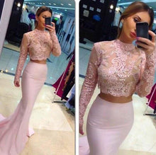 Load image into Gallery viewer, Pale Pink Two Pieces Long Sleeves Lace Mermaid See Through Jewel Neckline Prom Dresses RS201