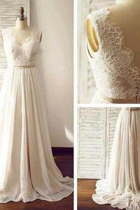 Charming Backless A-Line Open Back Sleeveless Long Chiffon White V-Neck Prom Dresses RS826