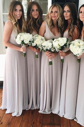 A Line V Neck Chiffon Sleeveless Gray Formal Cheap Prom Bridesmaid Dresses RS669