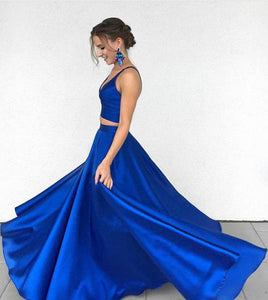 A Line Two Pieces Spaghetti Straps Simple Long Cheap V Neck Blue Sleeveless Prom Dress RS637