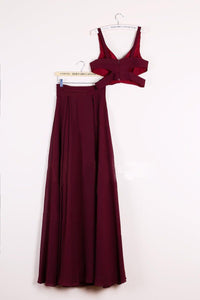 Elegant Two Pieces A-line V Neck Floor-length Burgundy Chiffon Cheap Prom Dresses RS671