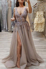 Load image into Gallery viewer, Charming A Line V Neck Open Back High Split Grey Lace Long Beads Long Prom Dresses RS213