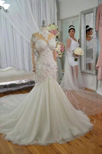 Load image into Gallery viewer, Luxury Crystal Beaded Appliques Mermaid High Neck Long Sleeves Wedding Gowns RS234