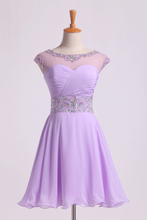 Load image into Gallery viewer, 2024 Homecoming Dresses Scoop A Line Beaded Neckline&amp;Waistline Short/Mini Chiffon