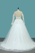 Load image into Gallery viewer, 2024 A Line Long Sleeves Tulle Scoop Wedding Dresses With Applique And Beads Sweep Train