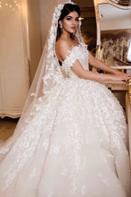 Load image into Gallery viewer, 2024 A Line Off The Shoulder Wedding Dresses Tulle With Applique And Beads Court Train