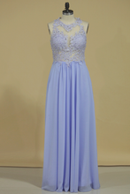 Load image into Gallery viewer, 2024 Prom Dresses Open Back Scoop Chiffon With Applique And Beads Sweep Train A Line