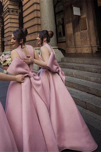 Ball Gown High Neck Satin V Neck Bridesmaid Dresses with Bowknot, Wedding Party Dress SRS15559
