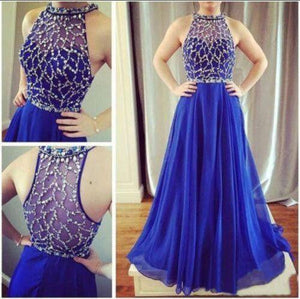 A-line Royal Blue Halter Fashion Cheap Sleeveless Tulle Beads Floor-Length Prom Dresses PD202