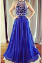 Load image into Gallery viewer, A-line Royal Blue Halter Fashion Cheap Sleeveless Tulle Beads Floor-Length Prom Dresses PD202