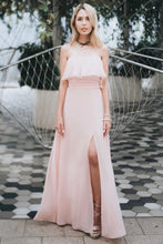 Load image into Gallery viewer, Charming Off Shoulder Ruffle Pink Chiffon Long Prom Dresses Bridesmaid Dresses SRS15114