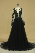 Load image into Gallery viewer, 2024 Tulle Scoop Long Sleeves A Line Prom Dresses With Slit And Applique
