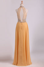 Load image into Gallery viewer, 2024 High Neck A Line Chiffon Beaded Bodice Prom Dresses Sweep Train