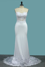 Load image into Gallery viewer, 2023 Mermaid Scoop Spandex Wedding Dresses With Applique Sweep Train