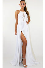 Load image into Gallery viewer, White Backless Long Prom Dress Split Spaghetti Strap Party Maxi Dress