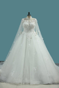 2024 Luxurious Wedding Dresses High Neck Tulle With Sequins Beads Crystals Lace Up