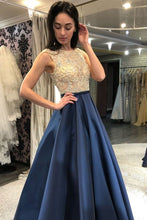 Load image into Gallery viewer, Modest Beading Blue Long A-Line Elegant Satin Prom Dresses Party Dresses
