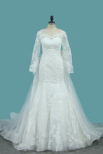 Load image into Gallery viewer, 2024 Tulle Long Sleeves Mermaid Wedding Dresses With Applique Court Train Detachable