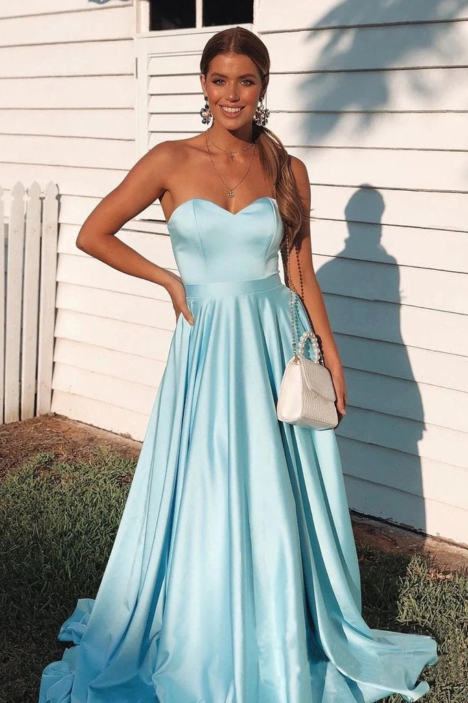 Simple A Line Sky Blue Sweetheart Satin Prom Dresses, Cheap Formal SRS15670