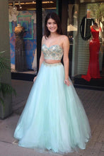 Load image into Gallery viewer, Cute Spaghetti Straps 2 Pieces Long Mint Beading Tulle Prom Gowns Prom Dresses