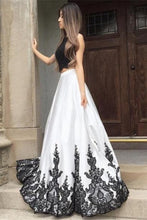 Load image into Gallery viewer, Black Amd White 2 Pieces Long Lace Satin Open Back Prom Dresses
