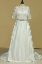 Load image into Gallery viewer, 2024 Plus Size Mid-Length Sleeve Wedding Dresses Scoop Satin With Applique