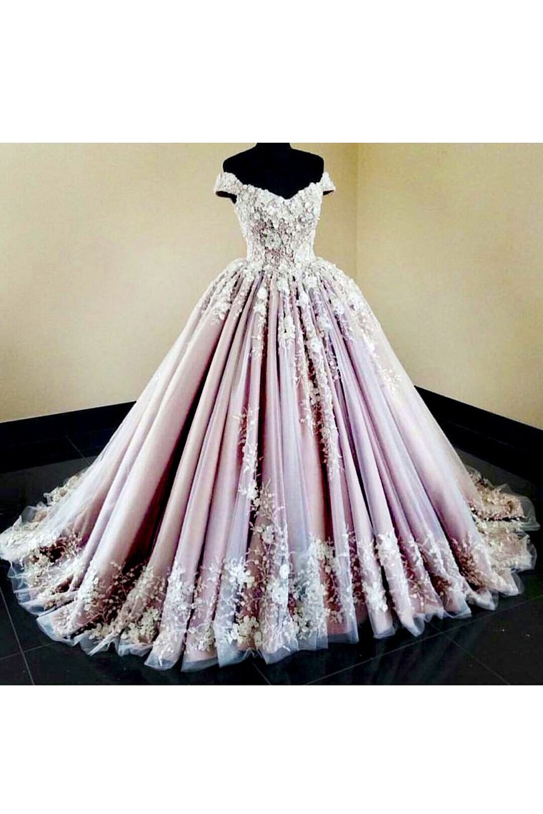 2023 Tulle Off The Shoulder Prom Dresses With Applique Ball Gown Sweep Train