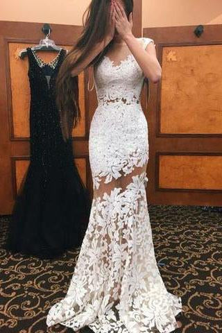 High Neck Cap Sleeves Lace Mermaid Sexy White Lace Open Back Beautiful Women Dresses RS843