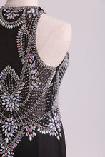 Load image into Gallery viewer, 2024 Black Prom Dresses Scoop Beaded Bodice Floor Length Spandex Sheath