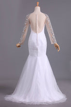 Load image into Gallery viewer, 2024 Wedding Dresses Mermaid Scoop Long Sleeves Floor Length Tulle With Beading