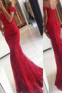 Lace Mermaid Off Shoulder Red Prom Dresses Charming Evening Dress Sexy prom dress L85