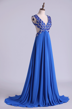 Load image into Gallery viewer, 2024 V-Neck Prom Dresses A Line Chiffon With Beading