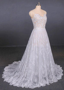 Spaghetti Straps V Neck Lace Off White Wedding Dresses with Criss Cross Bridal Dresses SRS15422