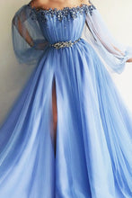 Load image into Gallery viewer, Newest Long Beading Lace Tulle A-Line Blue Prom Dresses Evening Dresses