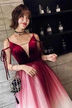 Load image into Gallery viewer, A Line Spaghetti Straps Ombre Long Tulle Prom Dresses, Burgundy V Neck Evening Dress SRS15029